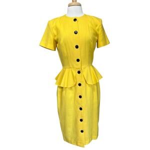 Apostrophe Bright Yellow Button Down Peplum Midi Dress Secretary Big Shoulder